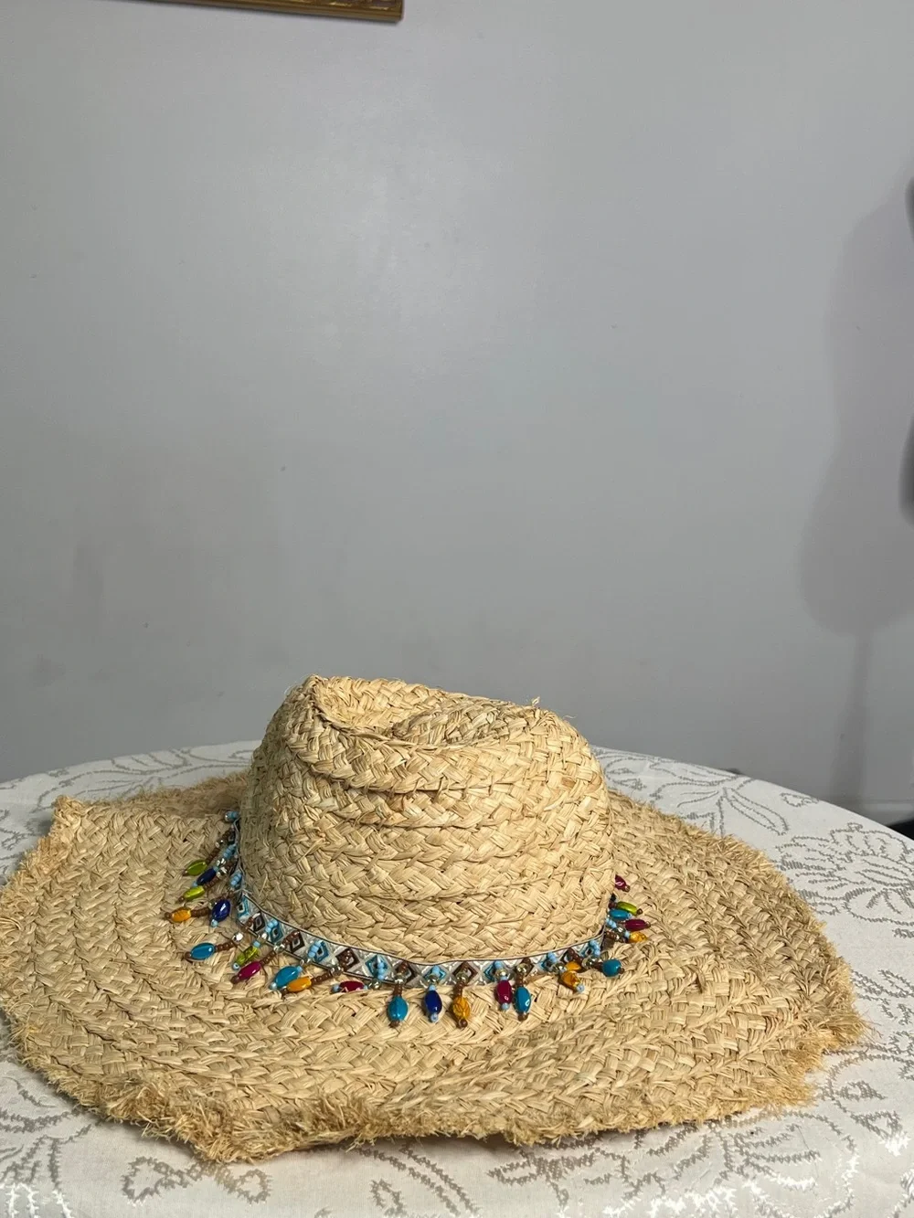 Natural Straw Sun Hat with Multicolor Bead Trim